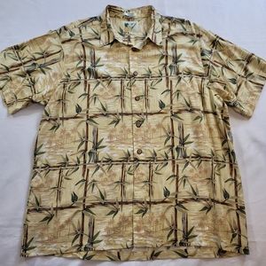 Ron Chereskin Shirt Yellow 100% Rayon Floral Hawaiian Bamboo and Palm Trees 2XL